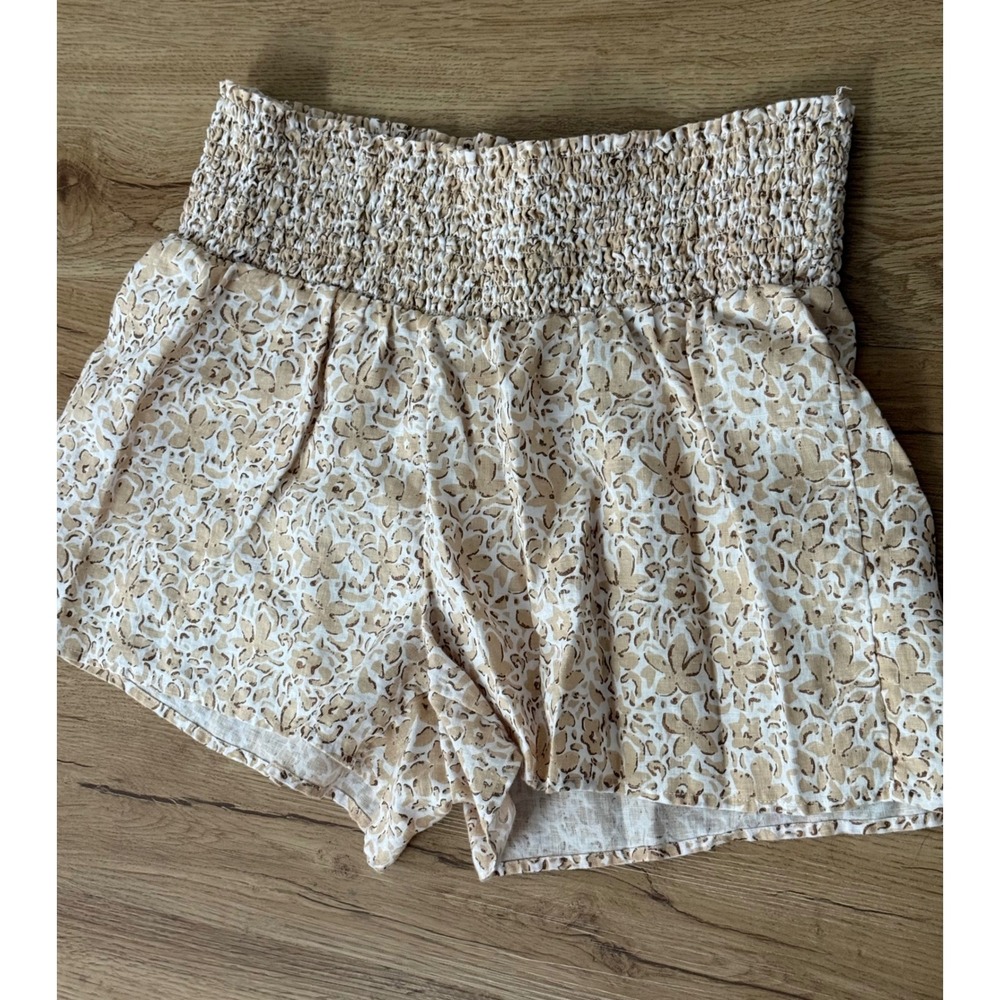 Vineyard Vines Women's Linen Smocked Waist Floral Shorts Tan White Size Large - Picture 3 of 7